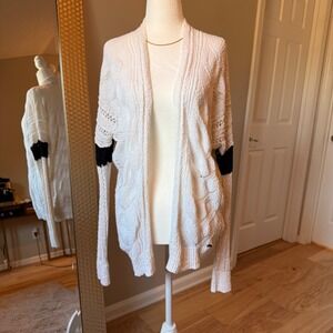 Hollister Cream Knit Cardigan Black Cuff Open Front Cozy‎ Sweater Medium